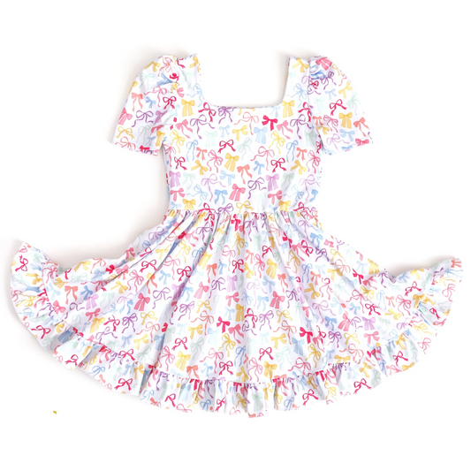 (Pre-order)GSD2606 Colorful Bows Print Girls Summer Knee Length Dress