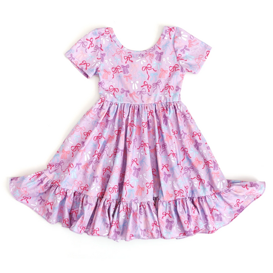 (Pre-order)GSD2607 Colorful Bows Pink Print Girls Summer Knee Length Dress
