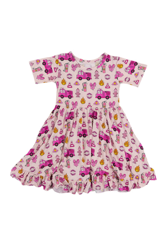 (Pre-order)GSD2608  Fire Truck Bows Pink Print Girls Summer Knee Length Dress