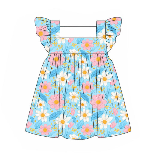 (Pre-order)GSD2609 Flowers Blue Print Girls Summer Knee Length Dress