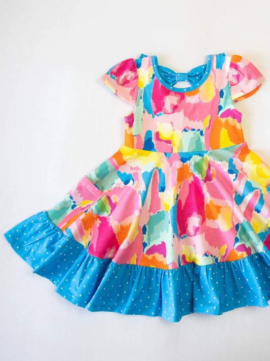 (Pre-order)GSD2610  Tie-dye Print Girls Summer Knee Length Dress