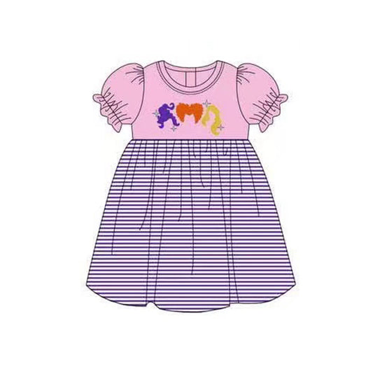 (Pre-order)GSD2611 Witch Stripes Print Girls Halloween Knee Length Dress
