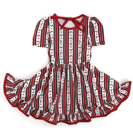 (Pre-order)GSD2612 Holly Bows Red Stripes Print Girls Christmas Knee Length Dress