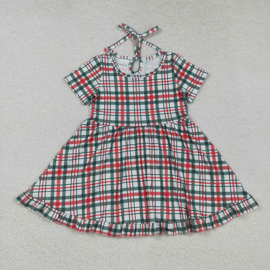 GSD2613 Red Green Plaid Print Girls Christmas Knee Length Dress
