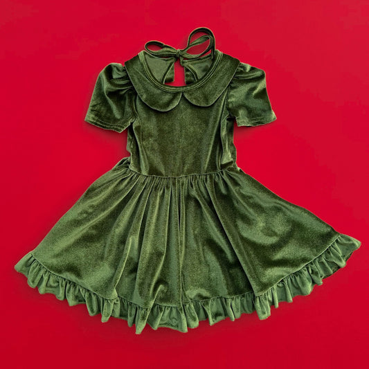 (Pre-order)GSD2615 Green Velvet Girls Christmas Knee Length Dress