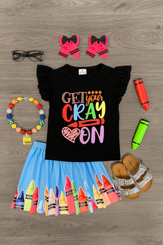 (Pre-order)GSD2616 Get Your Cray On Print Top Pen Skirts Girls Back to School Clothes Set