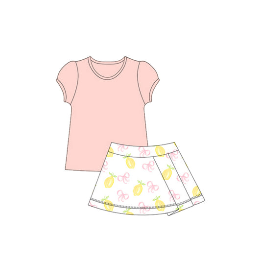 (Pre-order)GSD2619 Pink Top Lemon Bows Skirts Girls Summer Yoga Outfits