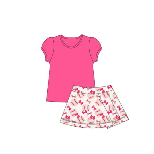 (Pre-order)GSD2621 Hot Pink Top Baseball Bows Skirts Girls Summer Yoga Outfits