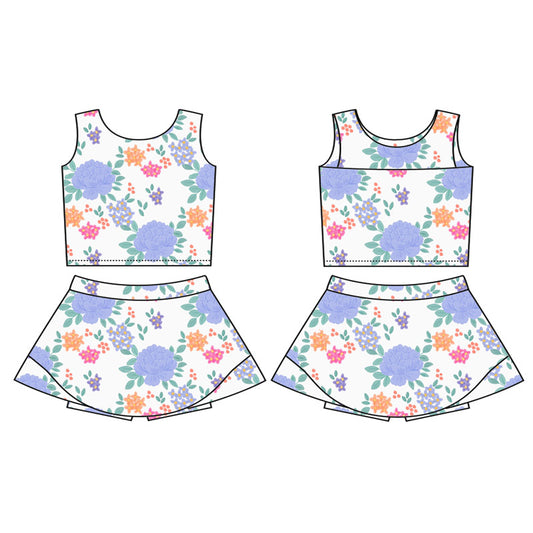 (Pre-order)GSD2622 Colorful Flowers Tank Top Shorts Skirts Girls Summer Yoga Outfits