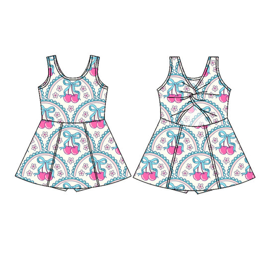 (Pre-order)GSD2627 Cherry Flowers Bows Girls Summer Knee Length Yoga Dress