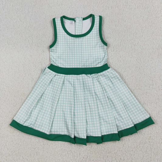 GSD2632 Green Plaid Print Girls Summer Knee Length Zipper Yoga Dress