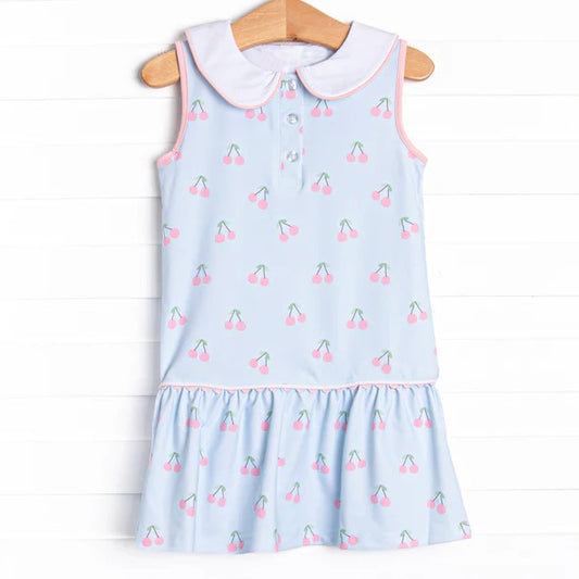 (Pre-order)GSD2634 Cherry Blue Print Girls Summer Knee Length Dress