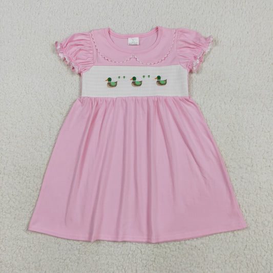 GSD2642 Duck Embroidery Pink Girls Summer Knee Length Smocked Dress