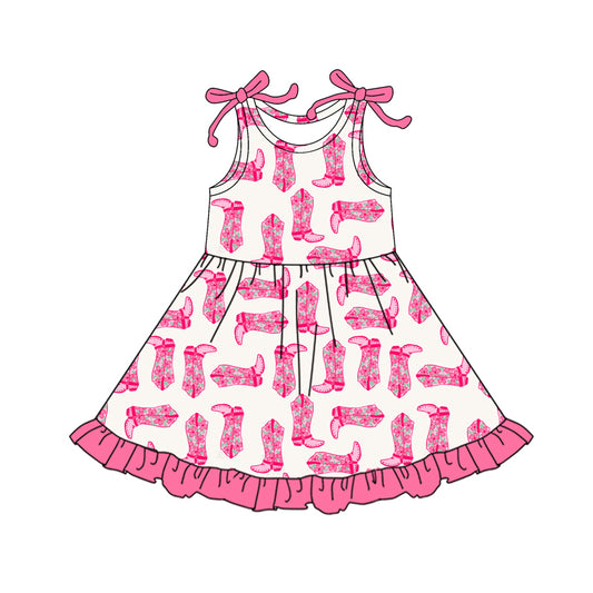 (Pre-order)GSD2643 Pink Boots Flowers Print Girls Summer Knee Length Dress