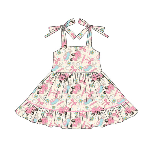 (Pre-order)GSD2644 Golf Trucks Flowers Bows Print Girls Summer Knee Length Dress