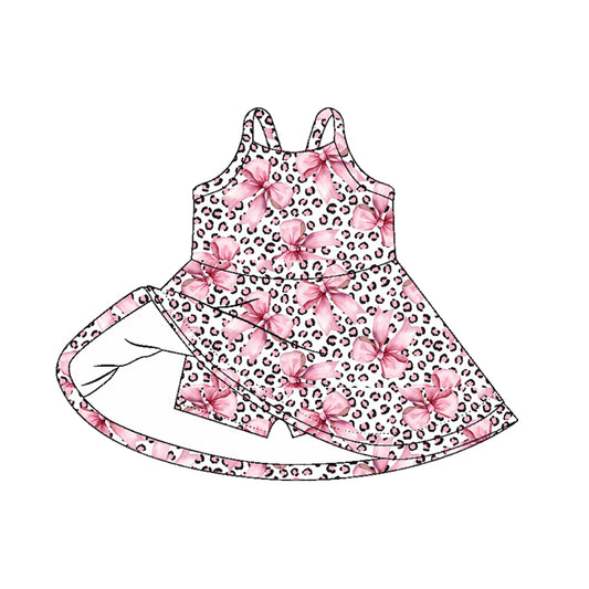 (Pre-order)GSD2648 Pink Leopard Bows Girls Knee Length Yoga Dress