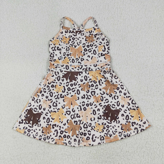 GSD2649 Brown Leopard Bows Girls Summer Knee Length Yoga Dress