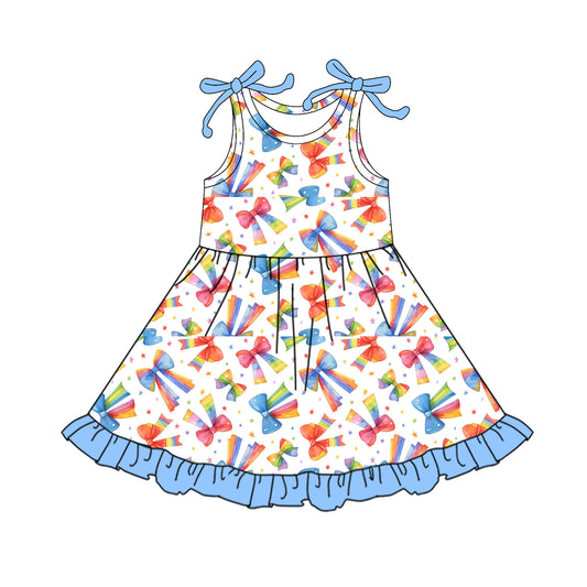 (Pre-order)GSD2654 Rainbow Bows Print Girls Summer Knee Length Dress