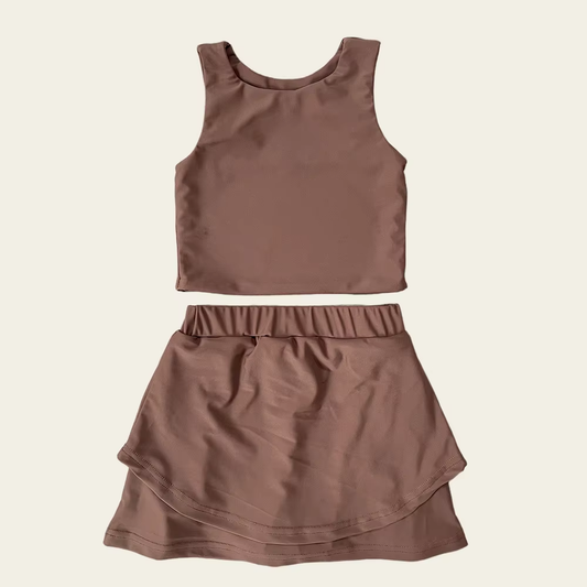 (Pre-order)GSD2666 Dark Brown Tank Top Skirts Girls Summer Yoga Outfits