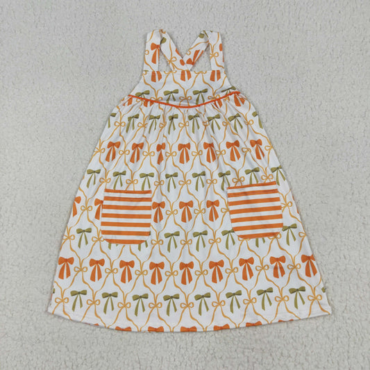 GSD2676  Orange Bows Print Pockets Girls Fall Knee Length Dress
