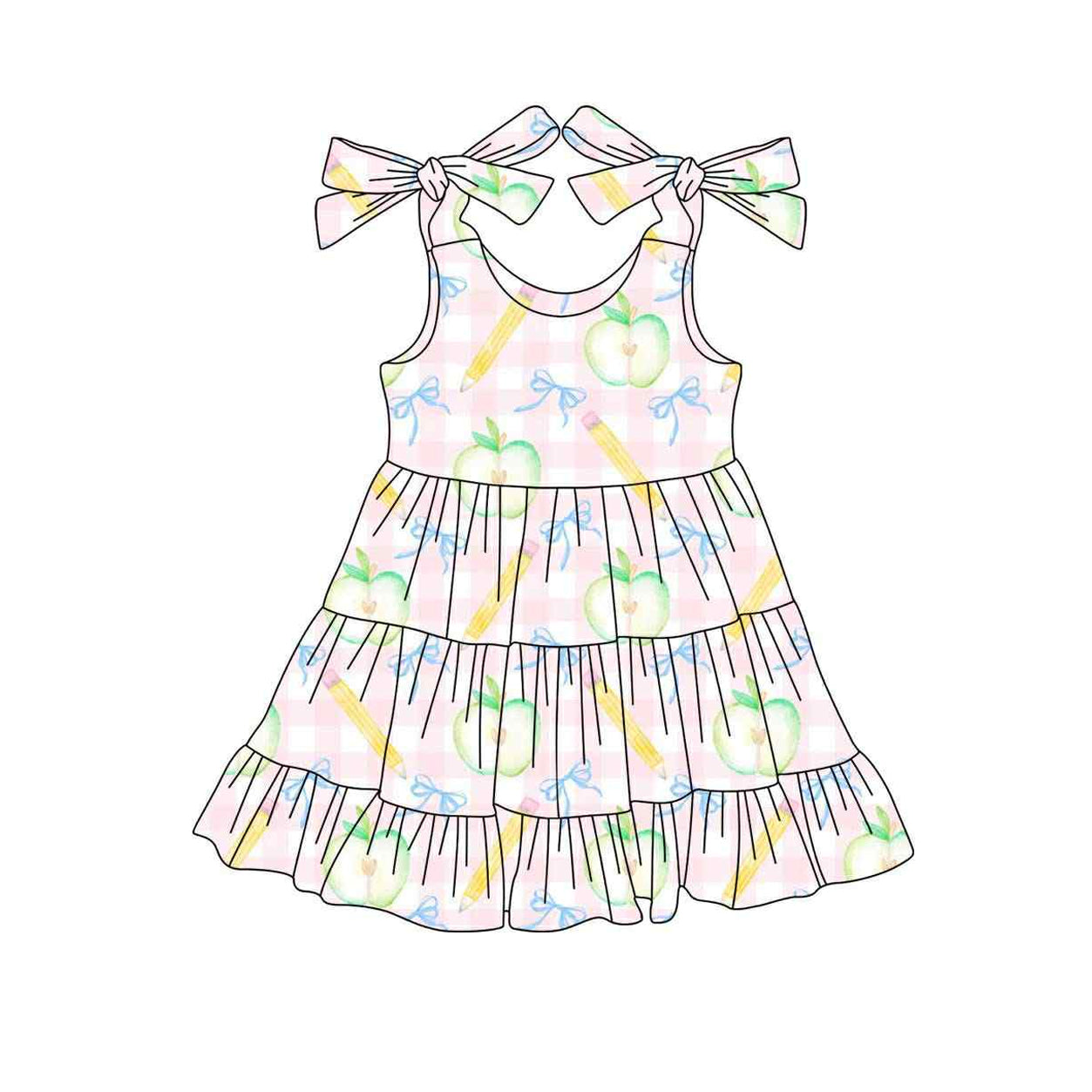 (Pre-order)GSD2679 Apple Pen Bows Print Girls Back to School Knee Length Dress