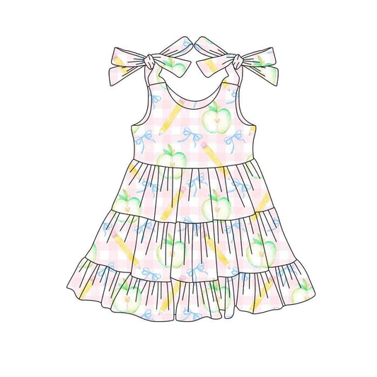 (Pre-order)GSD2679 Apple Pen Bows Print Girls Back to School Knee Length Dress