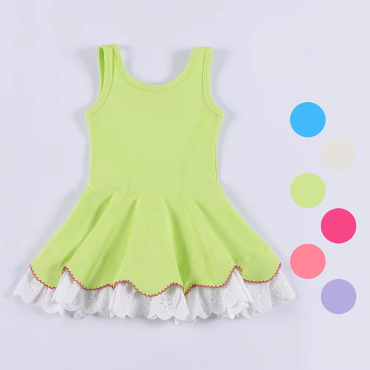 (Pre-order)GSD2681 Lime Color Girls Ruffles Knee Length Yoga Dress