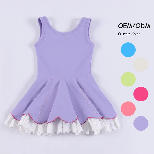(Pre-order)GSD2685 Purple Color Girls Ruffles Knee Length Yoga Dress