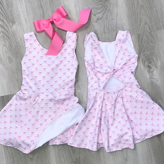 (Pre-order)GSD2686 Pink Bows Girls Knee Length Yoga Dress
