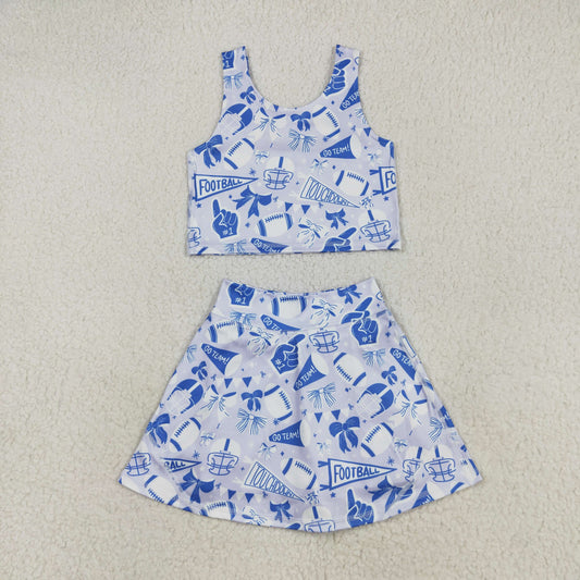 GSD2688 Cheer Team's Blue Bows Tank Top Shorts Skirts Girls Summer Yoga Outfits