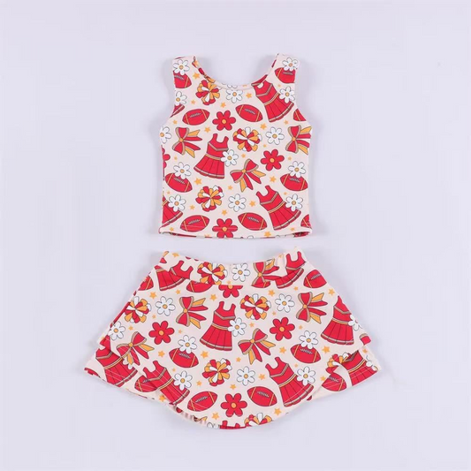 (Pre-order)GSD2691 Cheer Team's Flowers Bows Tank Top Shorts Skirts Girls Summer Yoga Outfits