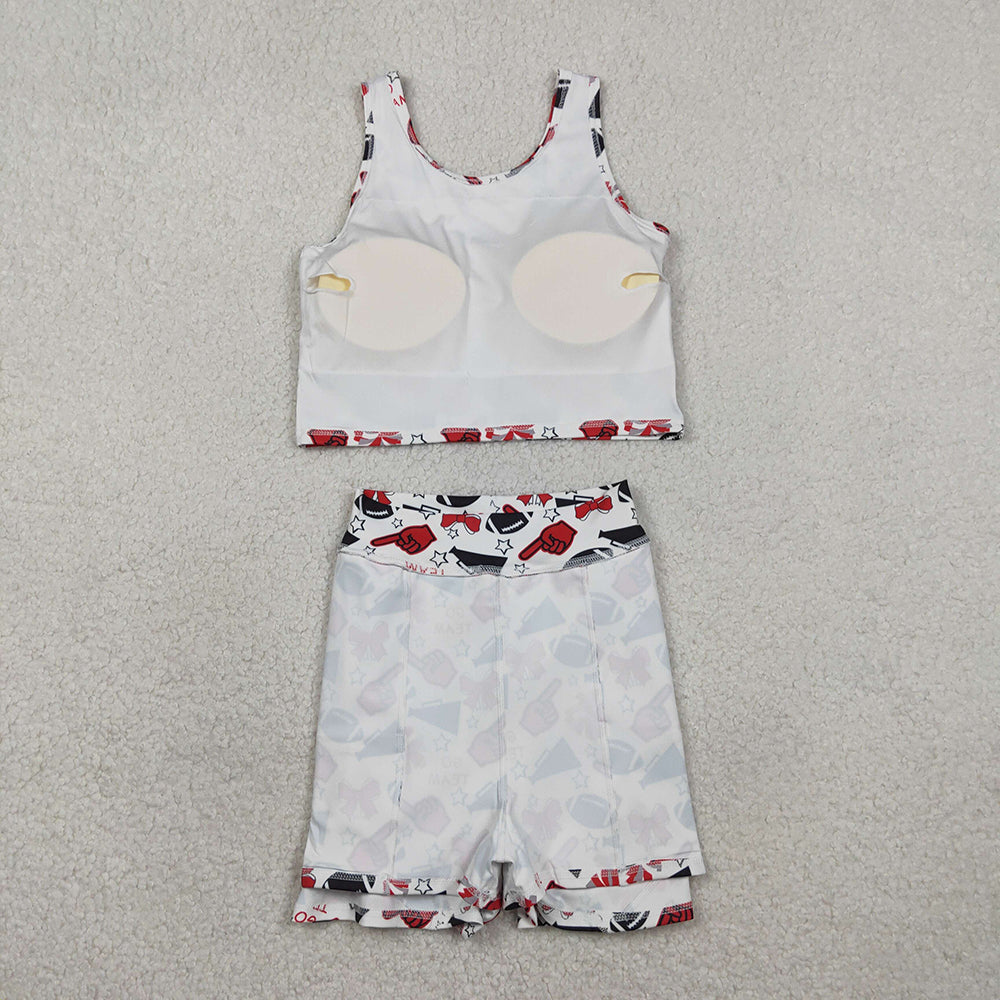 GSD2693 Go Team Cheer Red Bows Tank Top Shorts Skirts Girls Summer Yoga Outfits