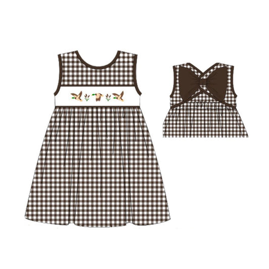 (Pre-order)GSD2697 Duck Brown Plaid Print Girls Summer Knee Length Dress