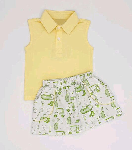 (Pre-order)GSD2698 Yellow Sleeveless Polo Top Golf Skirts Girls Summer Clothes Set
