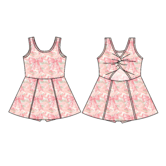 (Pre-order)GSD2699 Pink Camo Bows Girls Backless Knee Length Yoga Dress