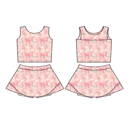 (Pre-order)GSD2701 Pink Camo Bows Tank Top Skirts Girls Summer Yoga Outfits