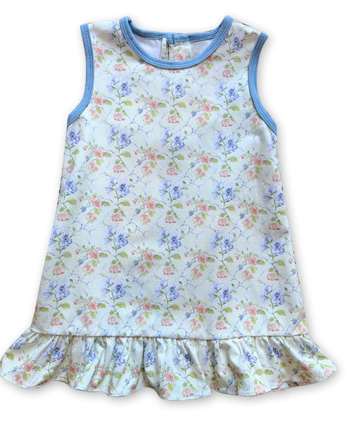 (Pre-order)GSD2703 Pink Blue Flowers Print Girls Summer Knee Length Dress
