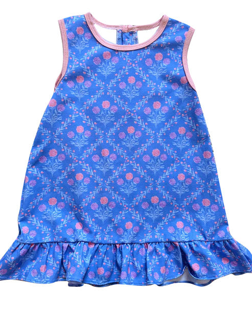 (Pre-order)GSD2706 Pink Flowers Blue Print Girls Summer Knee Length Dress