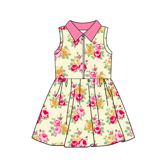 (Pre-order)GSD2712 Pink Flowers Girls Zipper Knee Length Yoga Dress