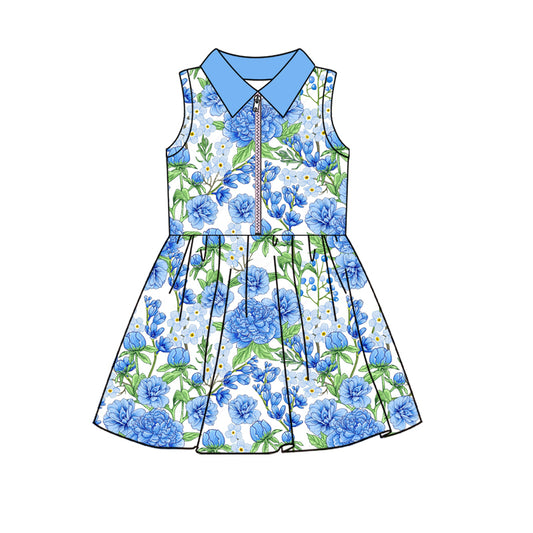 (Pre-order)GSD2713 Blue Flowers Girls Zipper Knee Length Yoga Dress