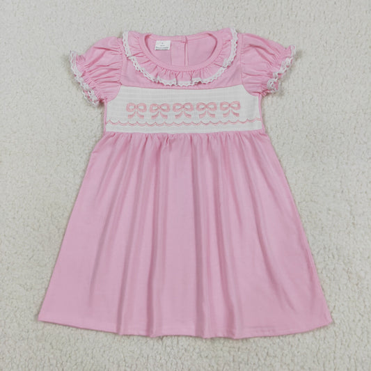 GSD2718 Bows Embroidery Pink Color Girls Summer Knee Length Smocked Dress