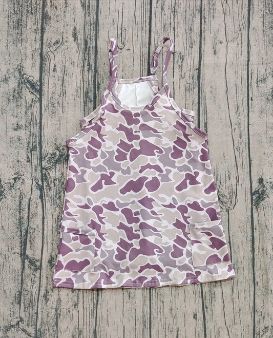 (Pre-order)GSD2719 Grey Camo Print Strap Pockets Girls Knee Length Yoga Dress