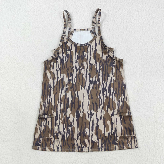 GSD2720 Camo Print Strap Pockets Girls Knee Length Yoga Dress