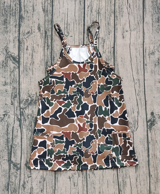 (Pre-order)GSD2721 Dark Brown Camo Print Strap Pockets Girls Knee Length Yoga Dress