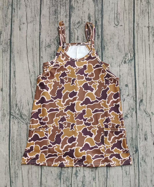 (Pre-order)GSD2722 Brown Camo Print Strap Pockets Girls Knee Length Yoga Dress