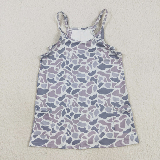 GSD2723 Grey Camo Print Strap Pockets Girls Knee Length Yoga Shorts Dress