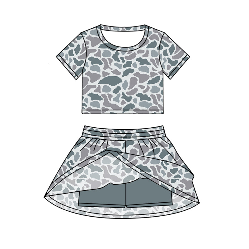 (Pre-order)GSD2724 Grey Camo Top Skirts Shorts Girls Summer Clothes Set