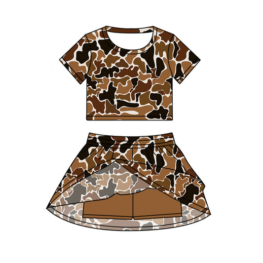 (Pre-order)GSD2731 Brown Camo Top Skirts Shorts Girls Summer Clothes Set