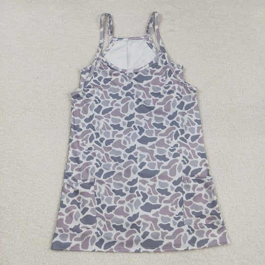 GSD2733  Adult Grey Camo Print Strap Pockets Woman Summer Yoga Dress