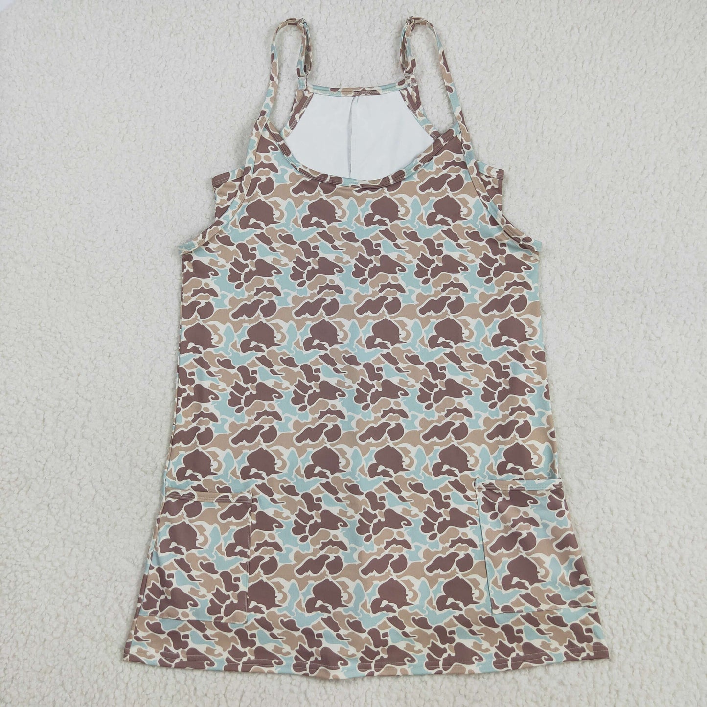 GSD2734  Adult Brown Blue Camo Print Strap Pockets Woman Summer Yoga Dress